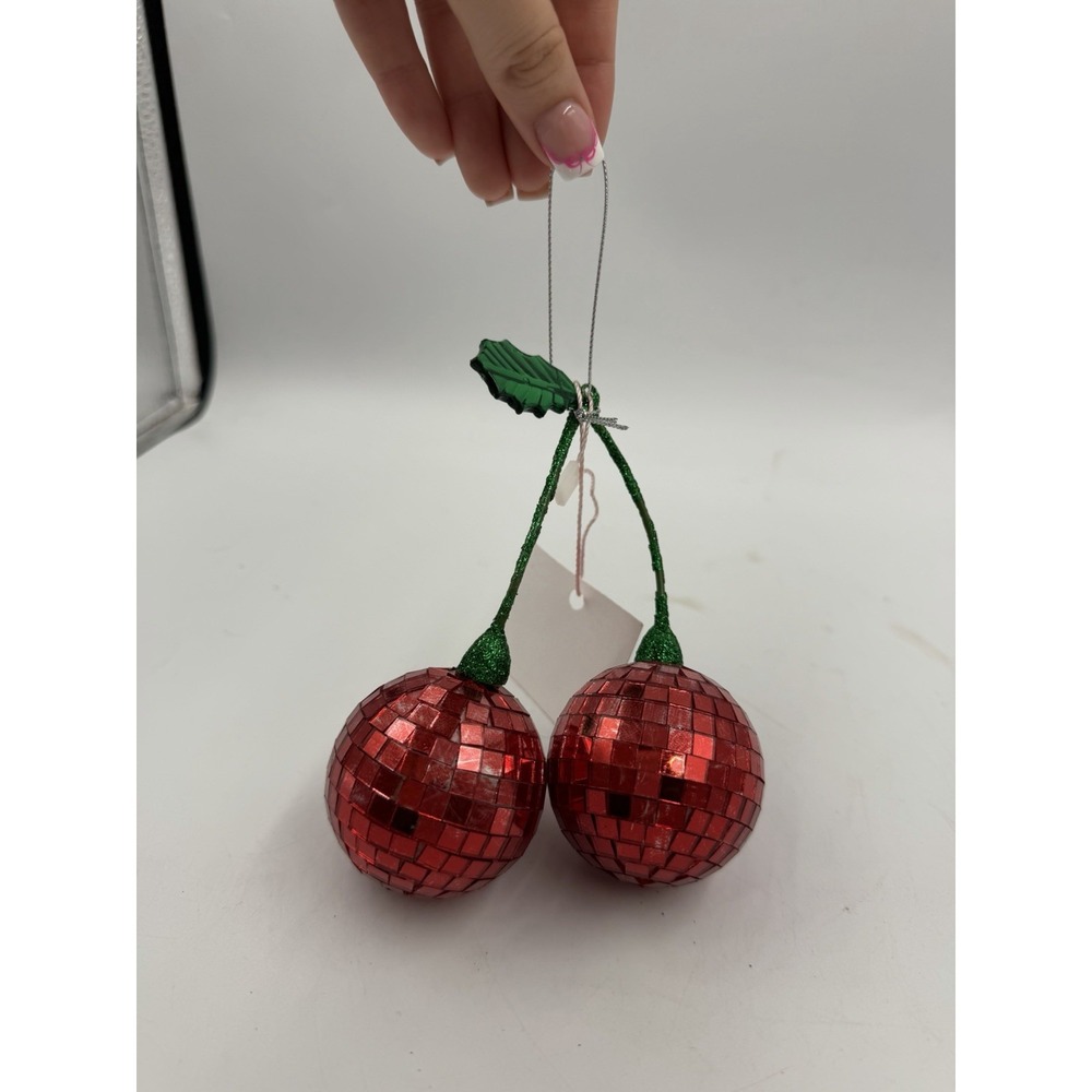 Hanging Red Cherries With Stems Reflective, Mirrored Home Decor Christmas NEW